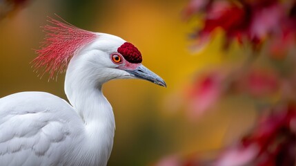  A tight shot of a white bird featuring a bold red crest atop its head In the backdrop, a tree stands tall