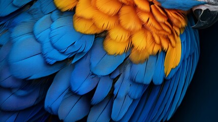 Fototapeta premium A tight shot of a multicolored parrot's vibrant feathers, beak agape, and eyes shut