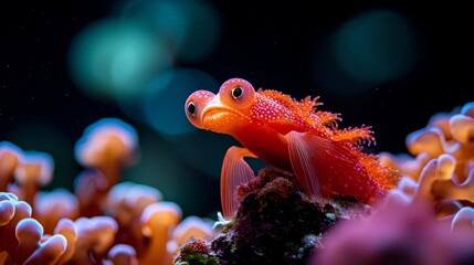  A tight shot of a fish near corals, with various corals in the background Background features a hazy, indistinct sky