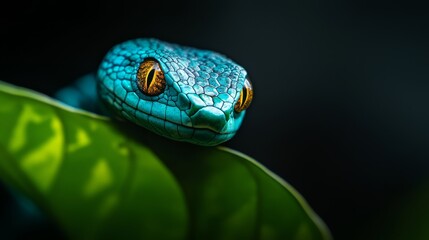 Fototapeta premium A tight shot of a blue snake atop a green leaf, sporting a yellow eyespot