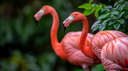  Two pink flamingos standing together in a lush green forest, surrounded by numerous leaves