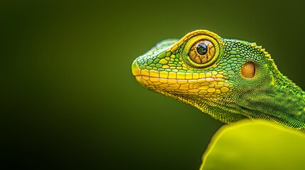 Fototapeta premium A tight shot of a green lizard's expressive face nestled on a verdant leaf, surrounded by an softly blurred green background