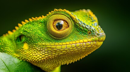 Fototapeta premium A tight shot of a green-and-yellow chameleon, holding a verdant leaf in the front against a dark backdrop