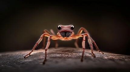 Naklejka premium A tight shot of a spider atop a weathered wood plank against a faintly blurred, black backdrop