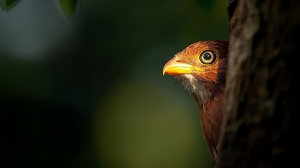  A tight shot of a bird perched by a tree's trunk, surrounded by an indistinct backdrop of leaves and branches
