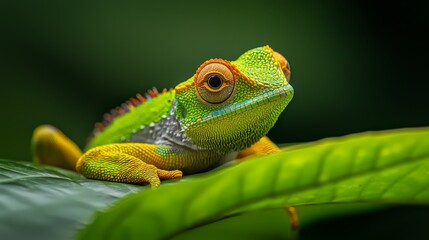 Fototapeta premium A tight shot of a green-and-yellow chameleon perched on a verdant leaf against a contrasting backdrop of black and white