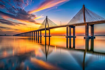 Obraz premium Sunset casts a warm glow on the Tampa Bay Bridge, its sleek architecture and suspension cables reflecting off