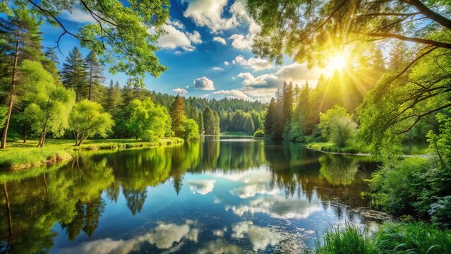 Sunny forest landscape with serene lake and lush greenery, capturing a sense of freedom and tranquility in a