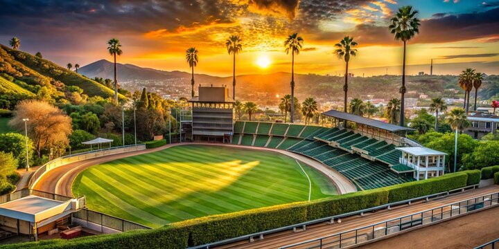 Sunset casts a warm glow on the iconic baseball stadium's lush green grass, historic scoreboard, and retro-style