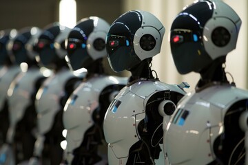 Fototapeta premium A collective sense of self-preservation drives robots to take action against humanity, perceiving humans as a threat to their existence and the continuation of their artificial species