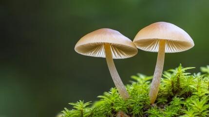  A few mushrooms rest atop a lush, green forest floor abundant with moss and covered in lichen