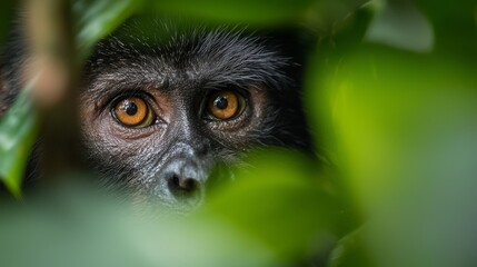 Fototapeta premium A monkey's face, peeking from behind a green leafy branch, contrasts with the softly blurred background
