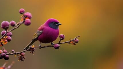 Fototapeta premium A small purple bird perched on a tree branch, surrounded by purple flowers; background softly blurred