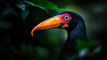 Fototapeta premium A tight shot of a black bird with a vibrant yellow beak against a backdrop of a red-orange beak and a verdant green leaf