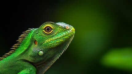 Fototapeta premium A tight shot of a green iguana perched on a branch against slightly blurred green foliage