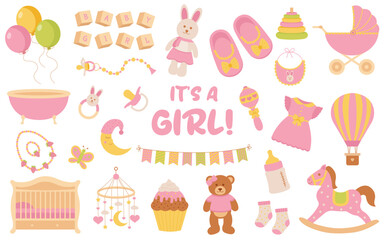 Baby shower. It's a girl. Set for party, invitation, greeting card, web banner, social media.
