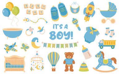 Baby shower. It's a boy. Set for party, invitation, greeting card, web banner, social media.