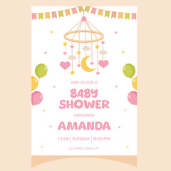 Baby shower party invitation. It's a girl. Invitation with baby carousel pendants, newborn mobile. Template for party invitation, poster, greeting card.