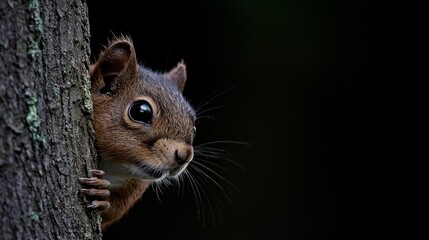 Fototapeta premium A tight shot of a squirrel's face emerging from tree bark against a black backdrop