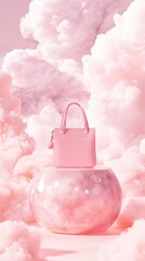 a light pink pastel background, in the centre there is a round base with a glossy finish