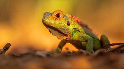 Obraz premium A close-up of a lizard on a branch with a blurred background behind it
