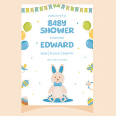 Baby shower party invitation. It's a boy. Invitation with baby bunny. Template for party invitation, poster, greeting card.