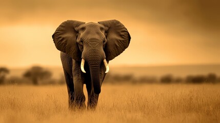 Obraz premium An elephant stands in a field of tall grass, surrounded by trees in the background and a cloudy sky above