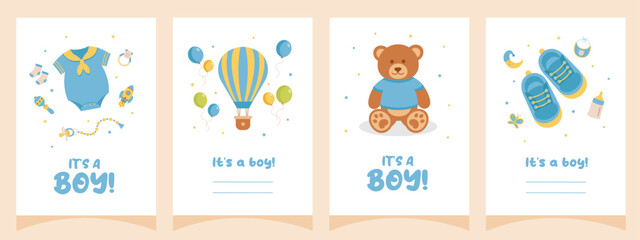 Baby shower set of cards, posters, invitations. It's a boy. Template for party invitations, posters, greeting cards, social media.