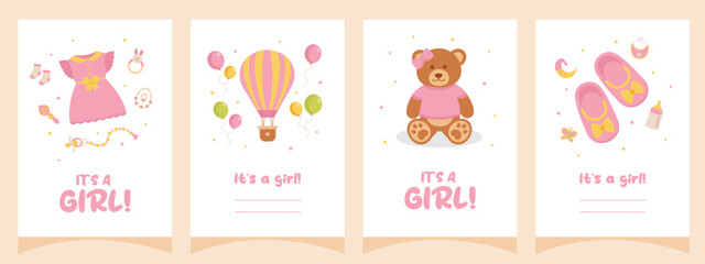 Fototapeta premium Baby shower set of cards, posters, invitations. It's a girl. Template for party invitations, posters, greeting cards, social media.