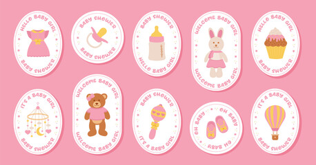 Baby shower stickers. It's a girl. Stickers with dress, pacifier, feeding bottle, baby bunny toy, taddy bear toy, baby pendant, rattle, air baloon, shoes, cupcake.