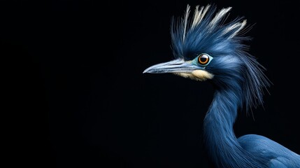 Fototapeta premium A tight shot of a blue bird with a elongated neck against a black backdrop