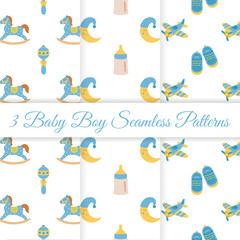 Baby shower set of seamless patterns. It's a boy. Seamless patterns with rocking horse, rattle, shoes, airplane, feeding bottle, moon.