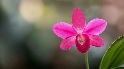  A pink bloom with a verdant stem in sharp focus, background softly blurred