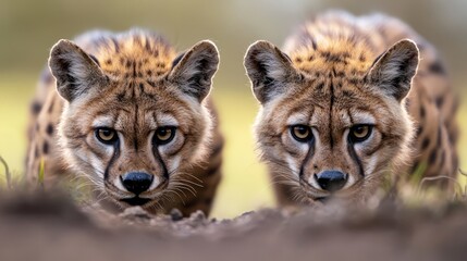  Two cheetahs stand side by side atop a green, grass-covered field Behind them lies a forest