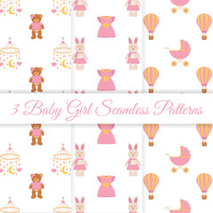 Baby shower set of seamless patterns. It's a girl. Seamless patterns with dress, baby bunny toy, air balloon, baby carriage, carousel pendant, teddy bear toy.