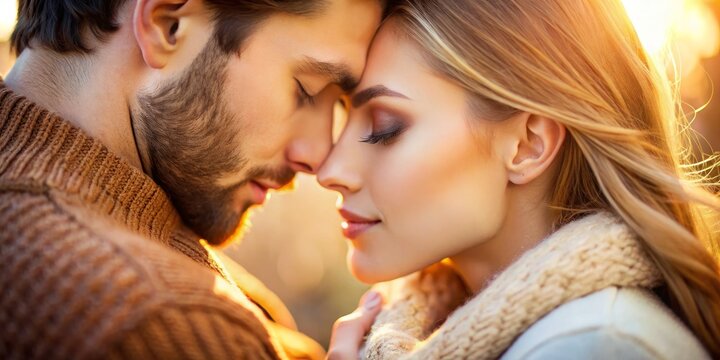 Tender romantic moment of loving couple embracing, lips inches apart, eyes closed, soft focus, warm colors, and gentle