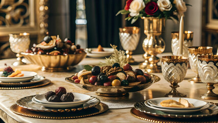 Dried fruits are decorate on intricately designed dinnerware.