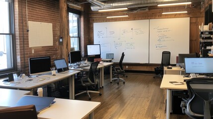 Modern and Functional Office Space with Whiteboards and Computer Workstations