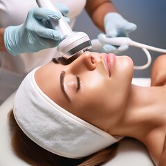 Naklejka premium Woman undergoing facial skin rejuvenation treatments in a beauty salon