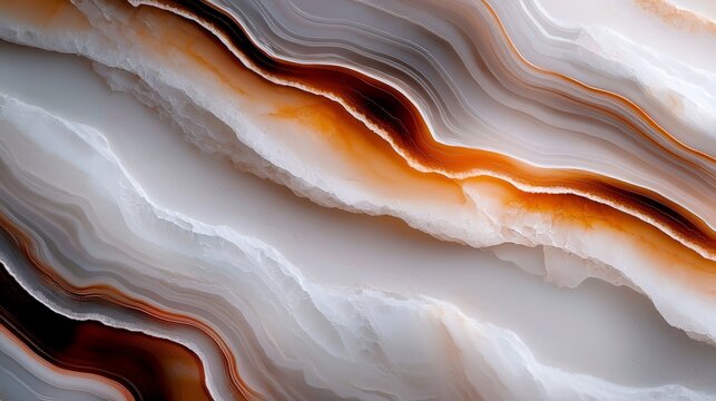  A tight shot of a marbled material showcasing intricate patterns in shades of white, orange, and black