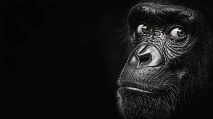 Obraz premium A monkey's melancholic visage, captured in black-and-white against the backdrop of darkness
