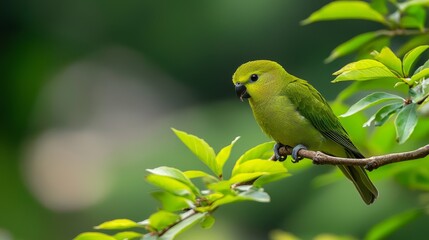  A green bird sits on a tree branch, surrounded by foreground leaves, while the background softly blurs