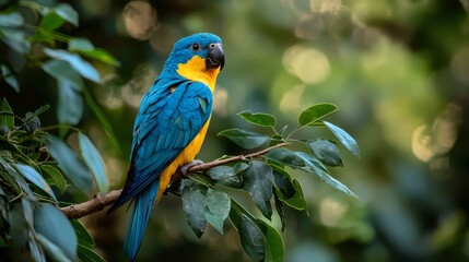 Obraz premium A blue-and-yellow bird sits atop a tree branch, verdant with green leaves in the foreground