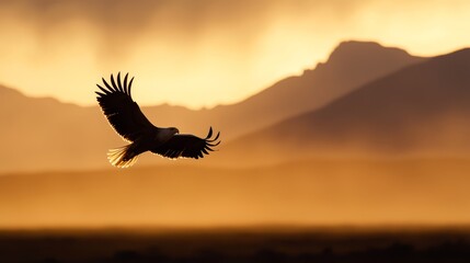  A large bird flies against a backdrop of a mountain range in the sky