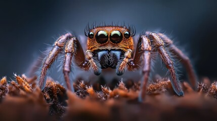  A tight shot of a jumping spider over vivid green and brown foliage against a dark backdrop