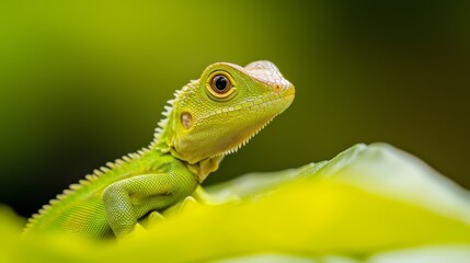 Naklejka premium A tight shot of a green-yellow lizard perched on a verdant leaf, surrounded by a softly blurred green background