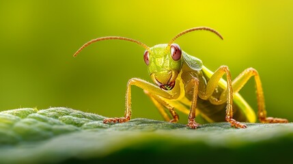 Fototapeta premium A sharp close-up of a grasshopper on a leaf Background softly blurred, focusing attention on grasshopper's gaze towards the camera