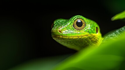 Obraz premium A tight shot of a green snake's face atop a green leaf against a black background