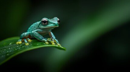 Obraz premium A frog up-close on a leaf, dotted with water drops, against a black backdrop