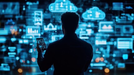 The Silhouette of a Man Holding a Mobile Phone in a Digital Landscape